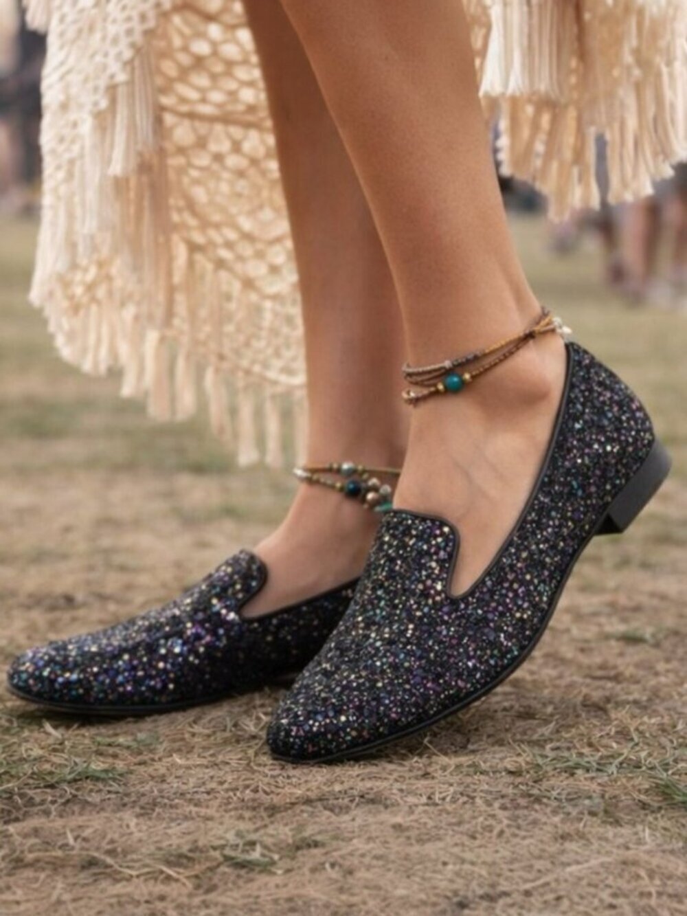 M Gemi Petalo Gunmetal Glitter Smoking Slippers Loafers Size 36.5